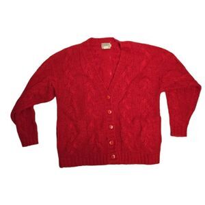 VINTAGE 80s cherry red cable knit mohair blend‎ cardigan sweater L